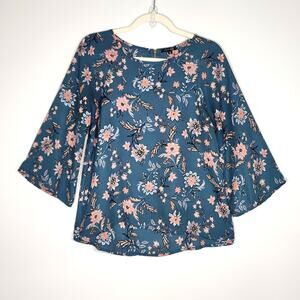 Paper Moon Teal Floral Blouse Pink Romantic Career Top Zip Back S